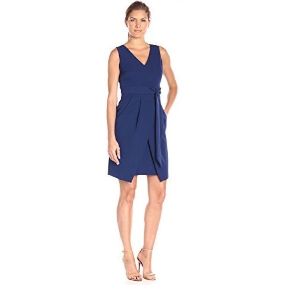 Donna Morgan Women's Navy V Neck Crepe Dress Sz 0 Pockets Asymmetrical